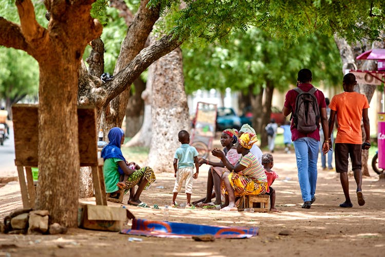 Group Of Women And A Boy Sitting And Talking In A Park 