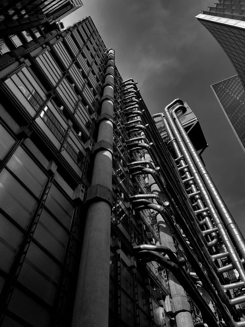 Free Innovative black and white capture of modern high-rise buildings featuring glass and steel structures with a low angle perspective. Stock Photo