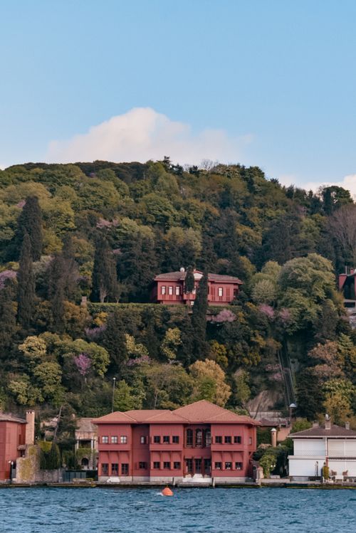 Free Picturesque red mansions nestled in lush forested hills beside a serene lakeshore under a blue sky. Stock Photo
