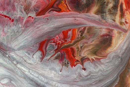 Dynamic abstract painting with swirling red and gray acrylic textures.