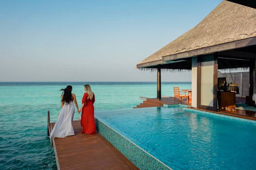 Two women at a luxurious Maldives resort, enjoying the ocean view.