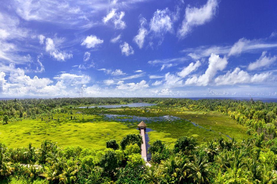 A stunning aerial view of Fuvahmulah, Maldives showcasing lush greenery, blue skies, and tropical beauty.