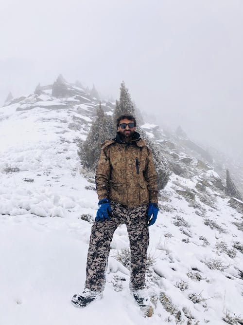 Reached at the top of snow mountain covered with snow tree