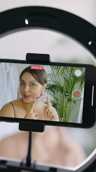 A young woman records a makeup tutorial on her smartphone at home, showcasing a lip product.