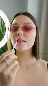 A fashionable woman with sunglasses applying lipstick, captured indoors.
