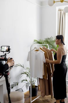 Woman filming a fashion vlog with clothes rack and professional camera setup.