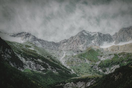 云雾缭绕，绿树成荫，山地景观令人惊叹