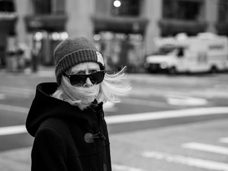 Black and white street portrait of a woman in sunglasses and beanie on a windy day in New York City.