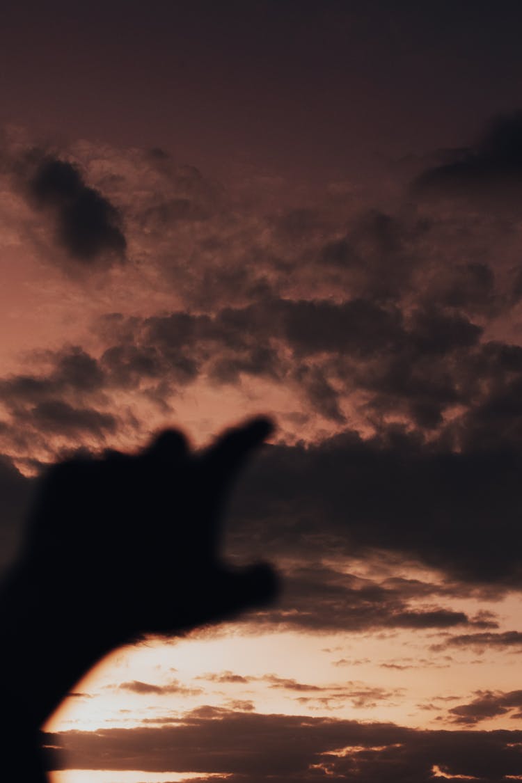 Silhouette Of Hand Reaching Out Towards Sky