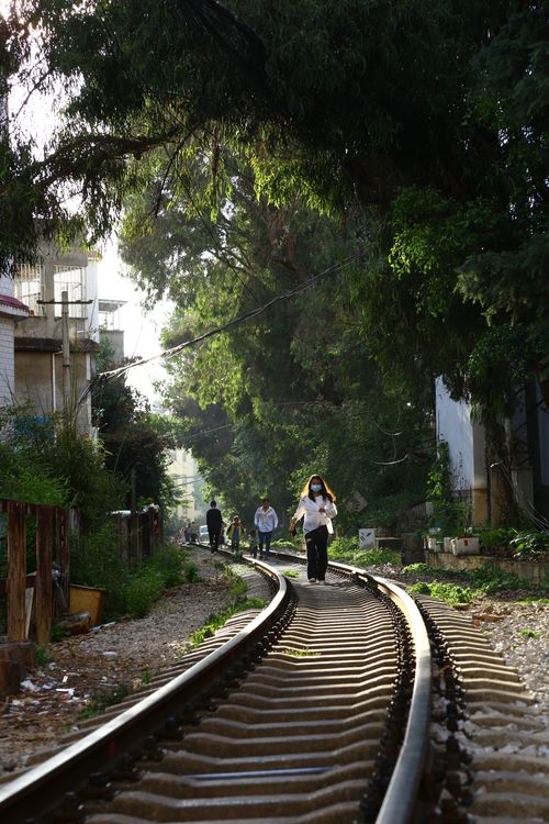 Free People strolling on railway tracks through a green, lush area. Stock Photo