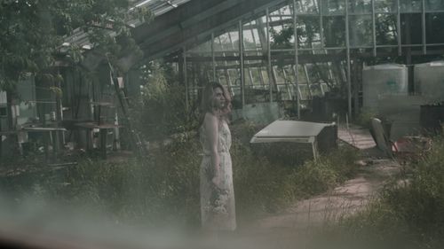 Free A woman in a dress stands in an overgrown abandoned greenhouse, holding flowers. Stock Photo