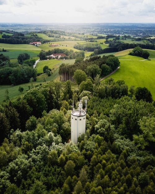 Free Aerial View of White Tower Surrounded By Green Trees Stock Photo