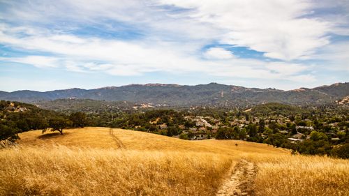 Free Expansive landscape of a golden countryside leading to a distant town under a vast blue sky. Stock Photo