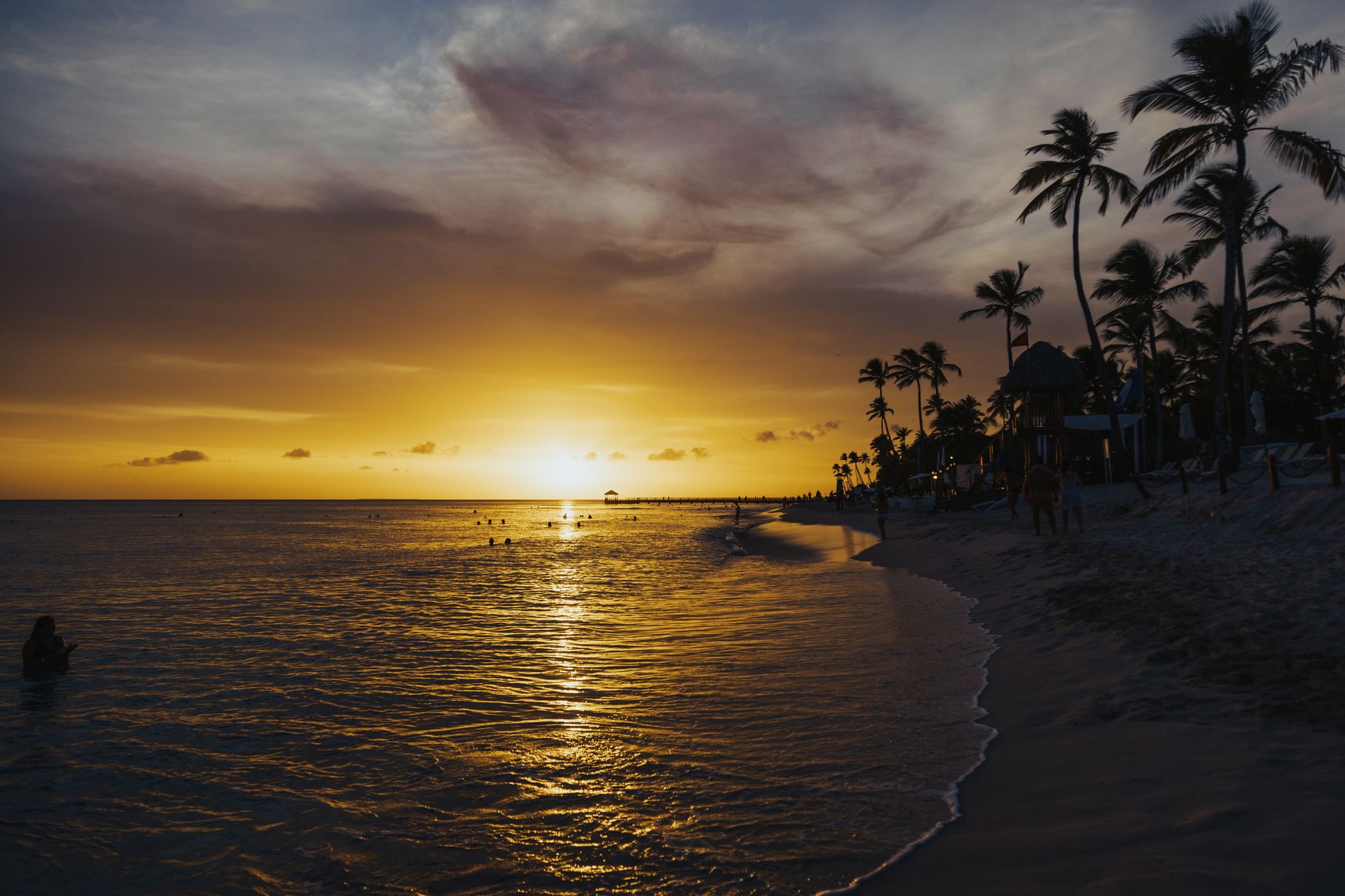 Serene tropical beach at sunset with palm trees silhouetted against a golden sky