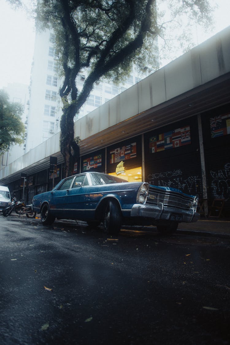 Blue Muscle Car On Street