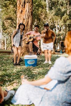 Friends playing guitar and singing in a park setting, enjoying a sunny day outdoors.