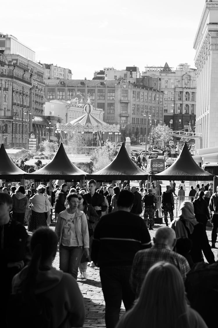 Black And White Photo Of Crowd At City Fair