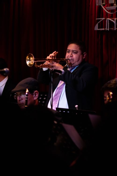 Free Musician playing trumpet on stage during a live performance in a jazz club. Stock Photo