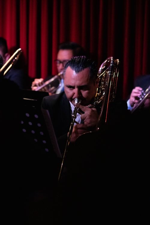 Free A jazz trombone player performing live on stage with an orchestra in dim lighting. Stock Photo