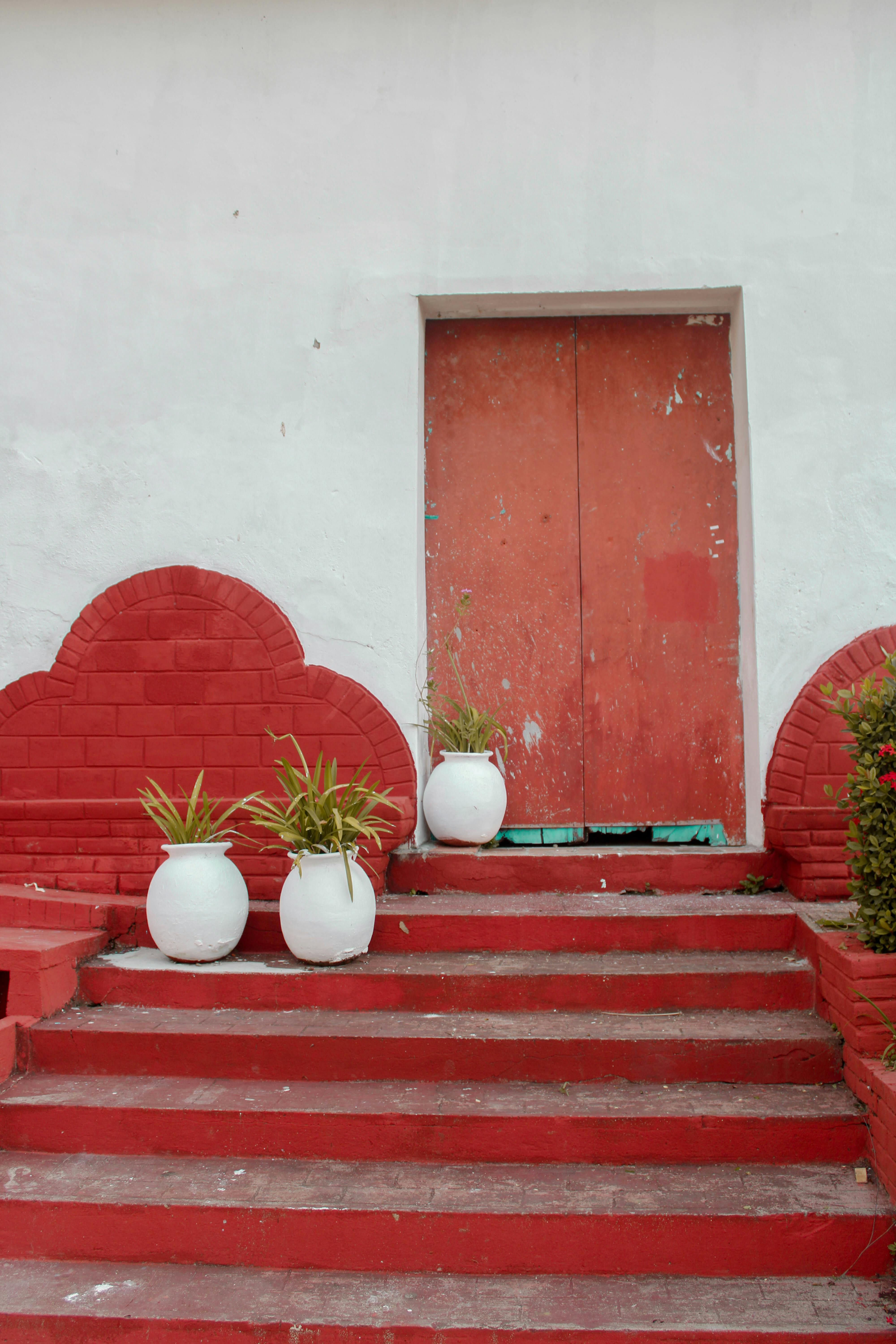 Vibrant red and white doorway with potted plants in Tapijulapa, Mexico.