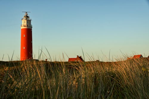 Red and White Lighthouse on Grass Field