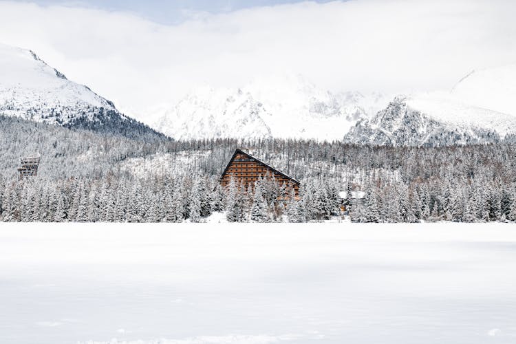 Hotel In Mountains In Snowy Winter