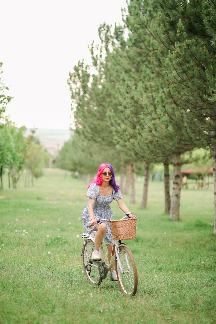 Girl Riding A Bicycle In A Dress