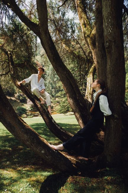 Two people enjoying a sunny day perched on a large tree in a park setting.