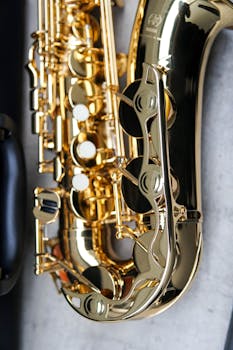 Detailed close-up of a shiny gold saxophone against a concrete backdrop. Perfect for music-related themes.