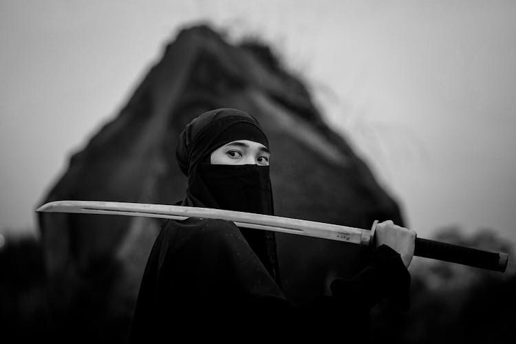 Samurai With Katana In Black And White