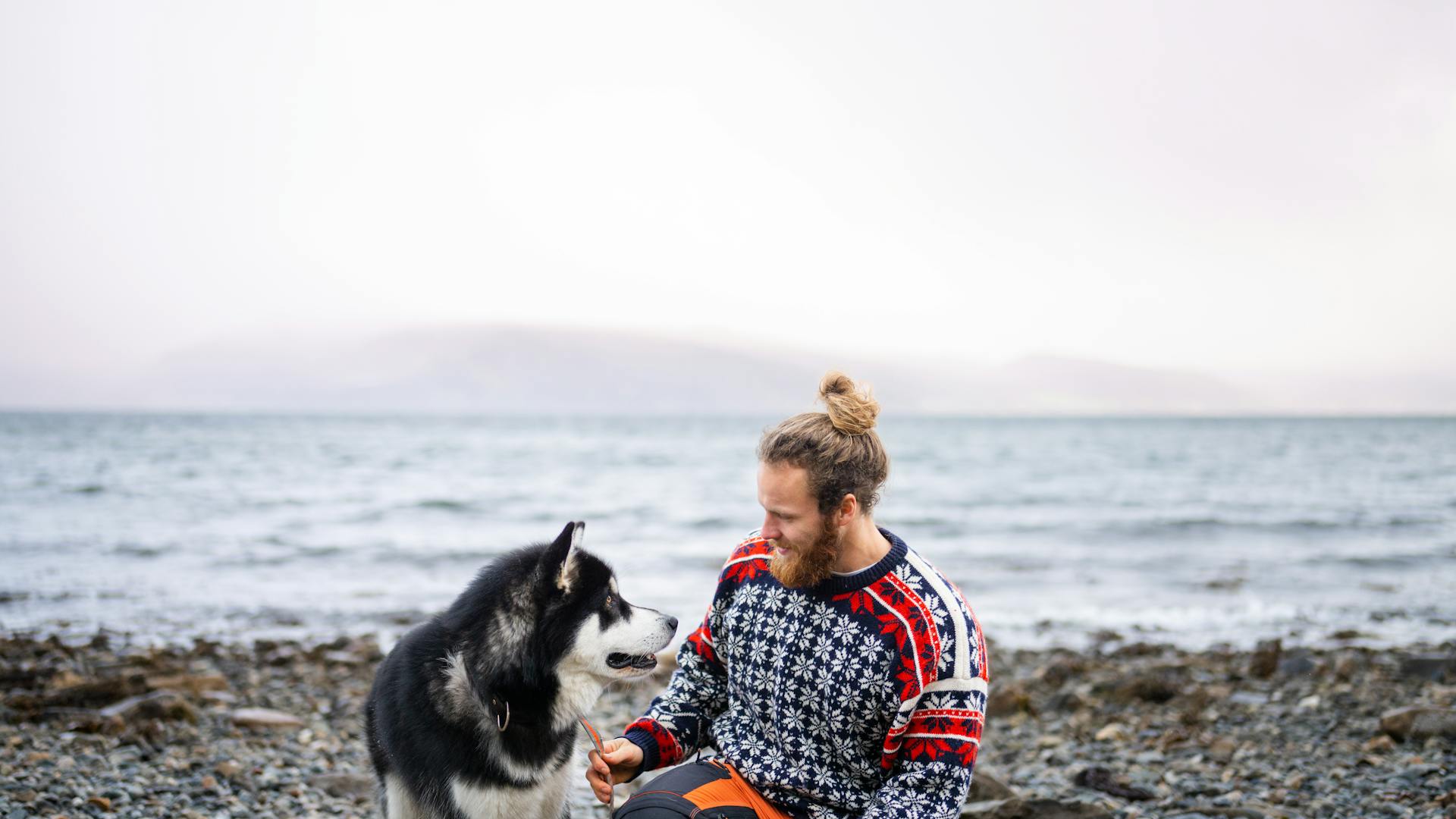 Mannen sitter vid stranden med sin husky