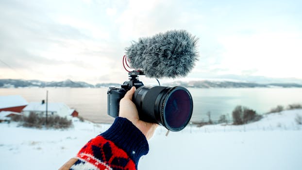 Hand holding a camera with microphone against a snowy Norwegian landscape. Perfect for Vloggers.