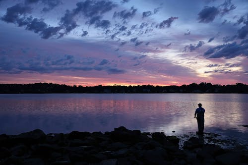 Silhouette of a Person Fishing on Lake