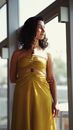 Photo of a Woman in Yellow Dress Looking Through a Window