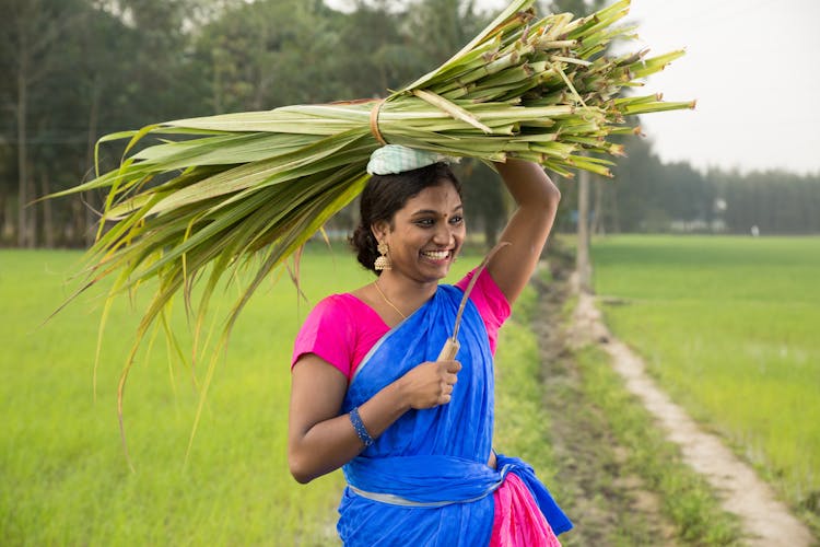 Woman Carrying A Bundle Of Leaves On Her Head