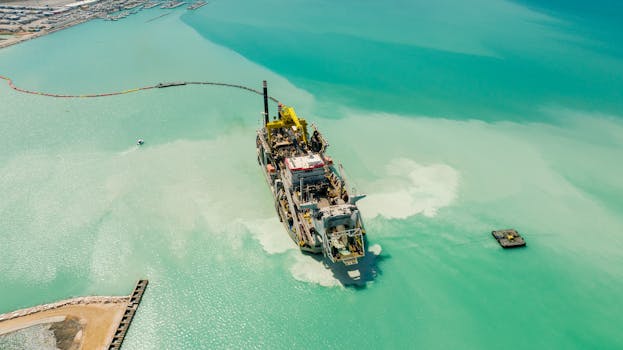 Aerial photograph of a large construction vessel on turquoise waters near the coast.