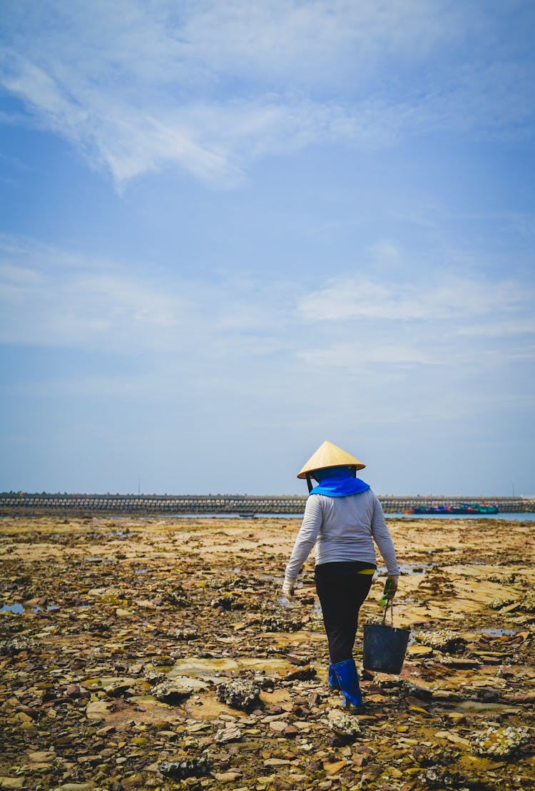 A Person Wearing Conical Hat Walking On Shore With A Pail