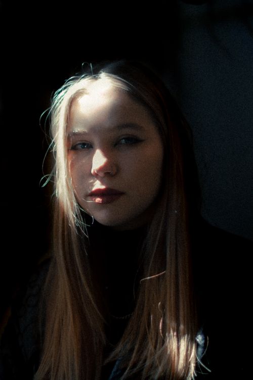 Free A soft-lit portrait of a woman with blonde hair, conveying mystery and elegance. Stock Photo