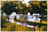 越南嘉莱，雨滴点缀在明亮的铁丝网栅栏上，户外宁静