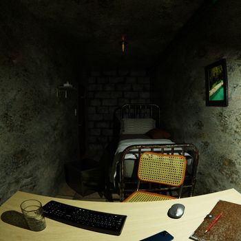 A dimly lit basement room with a computer setup and a simple bed frame, creating a rustic atmosphere.