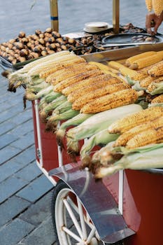 A vibrant street food cart featuring grilled corn and chestnuts in an outdoor setting.