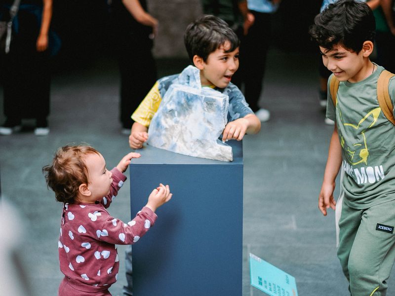 Three children enjoying a fun exhibit in a museum, exploring with excitement and curiosity - elementary school history trips