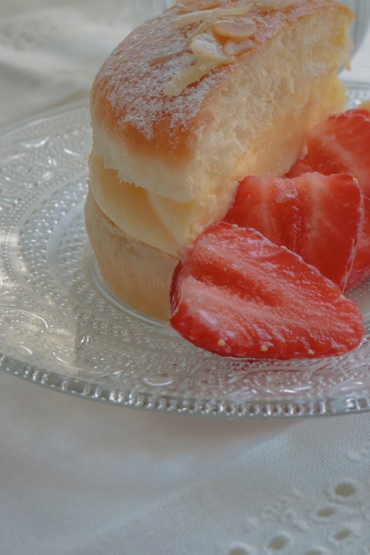 Strawberry Cake On White Round Plate