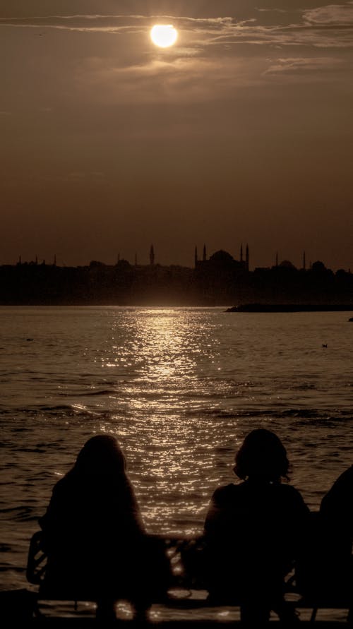 Silhouette of Persons Sitting Near Body of Water