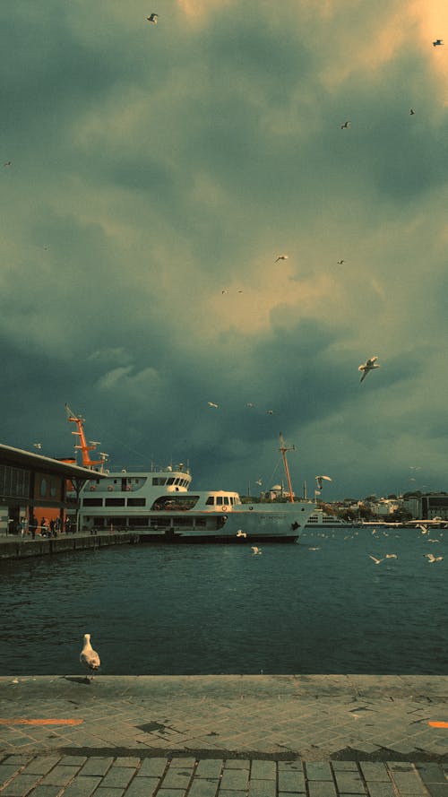 Docked Ship on a Pier under Dark Cloudy Sky 