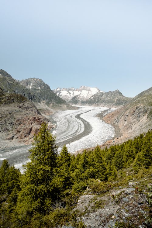 Free Explore the majestic Aletsch Glacier in Fieschertal, Switzerland, surrounded by alpine beauty. Stock Photo