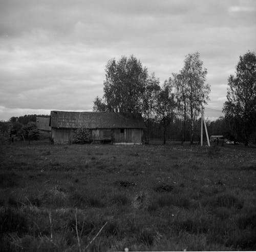 Grayscale Photo of House in the Grass Field