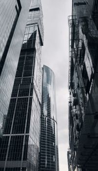High-rise buildings in Moscow, showcasing modern urban architecture.