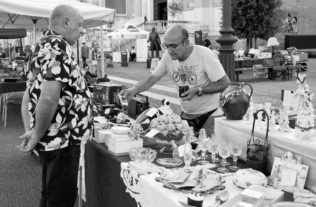 Two men engage in lively barter at a vibrant market in Villafranca di Verona. — arriving in Caselle