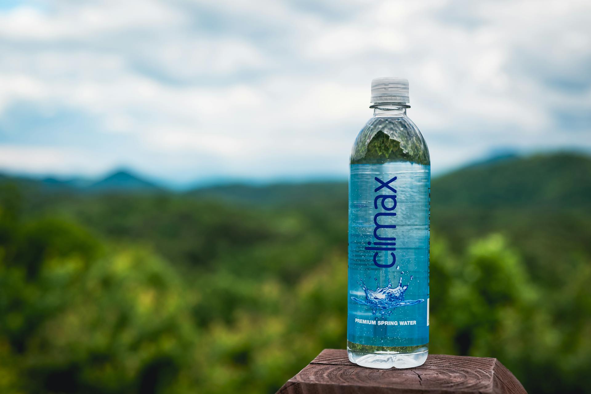 Close-up of a premium spring water bottle outdoors with lush greenery in the background.